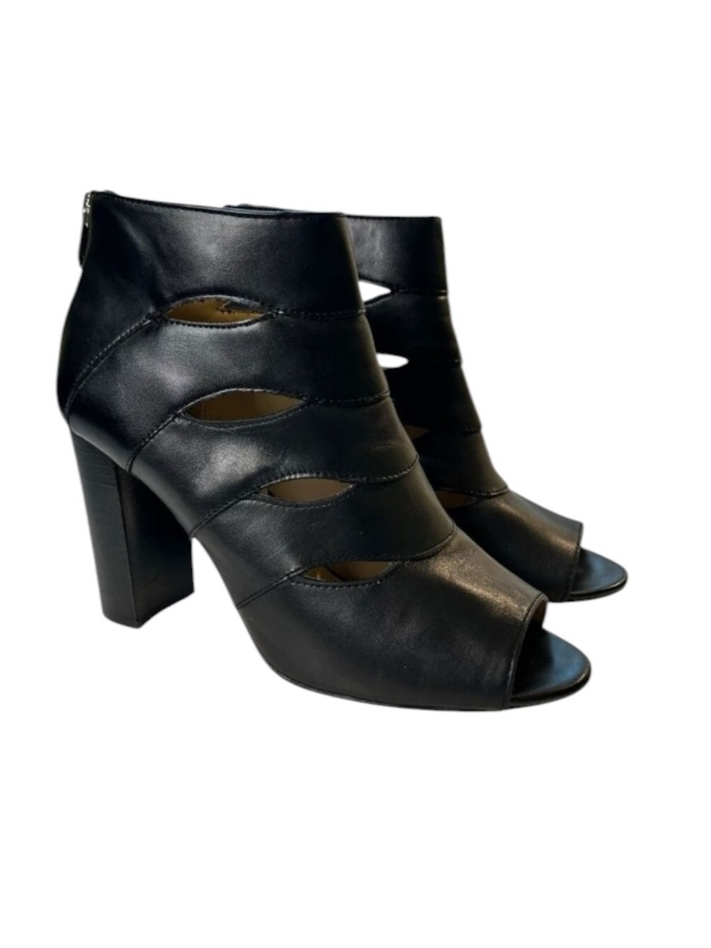 Adrienne Vittadini Gella Ankle Boots Open Toe Black Leather Cut Outs 9.5M